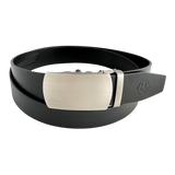 Black leather ratchet belt with oval metal buckle, front view