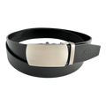 Black leather ratchet belt with oval metal buckle, front view
