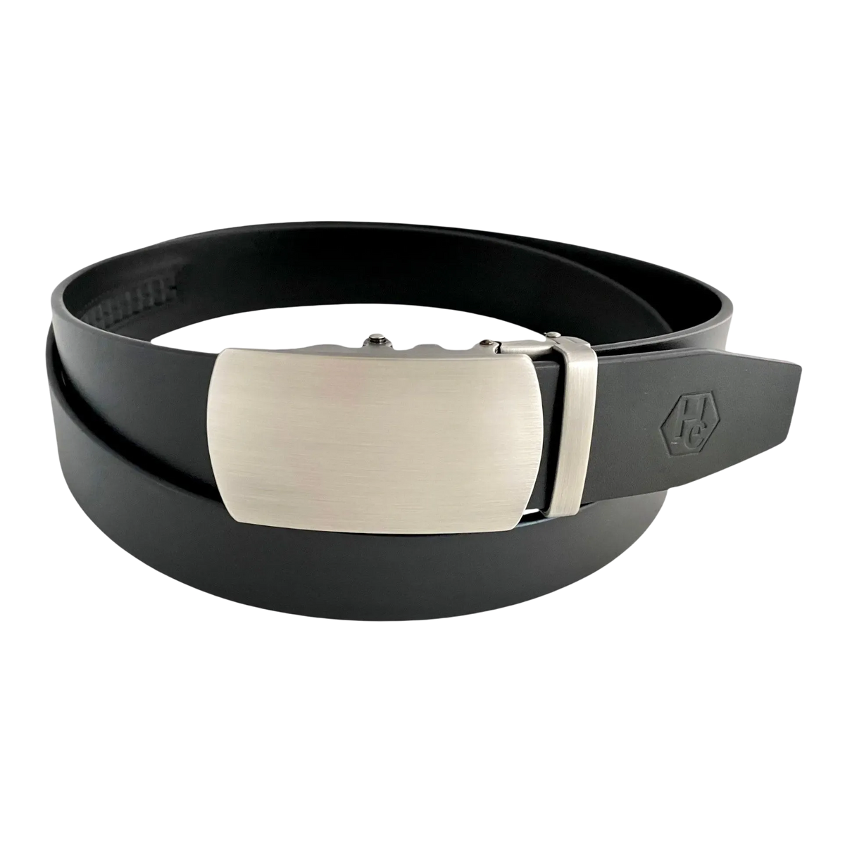 Black leather ratchet belt with oval metal buckle, front view
