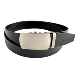Black leather ratchet belt with oval metal buckle, front view