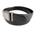 Black leather ratchet belt with silver buckle, buckle detail close-up