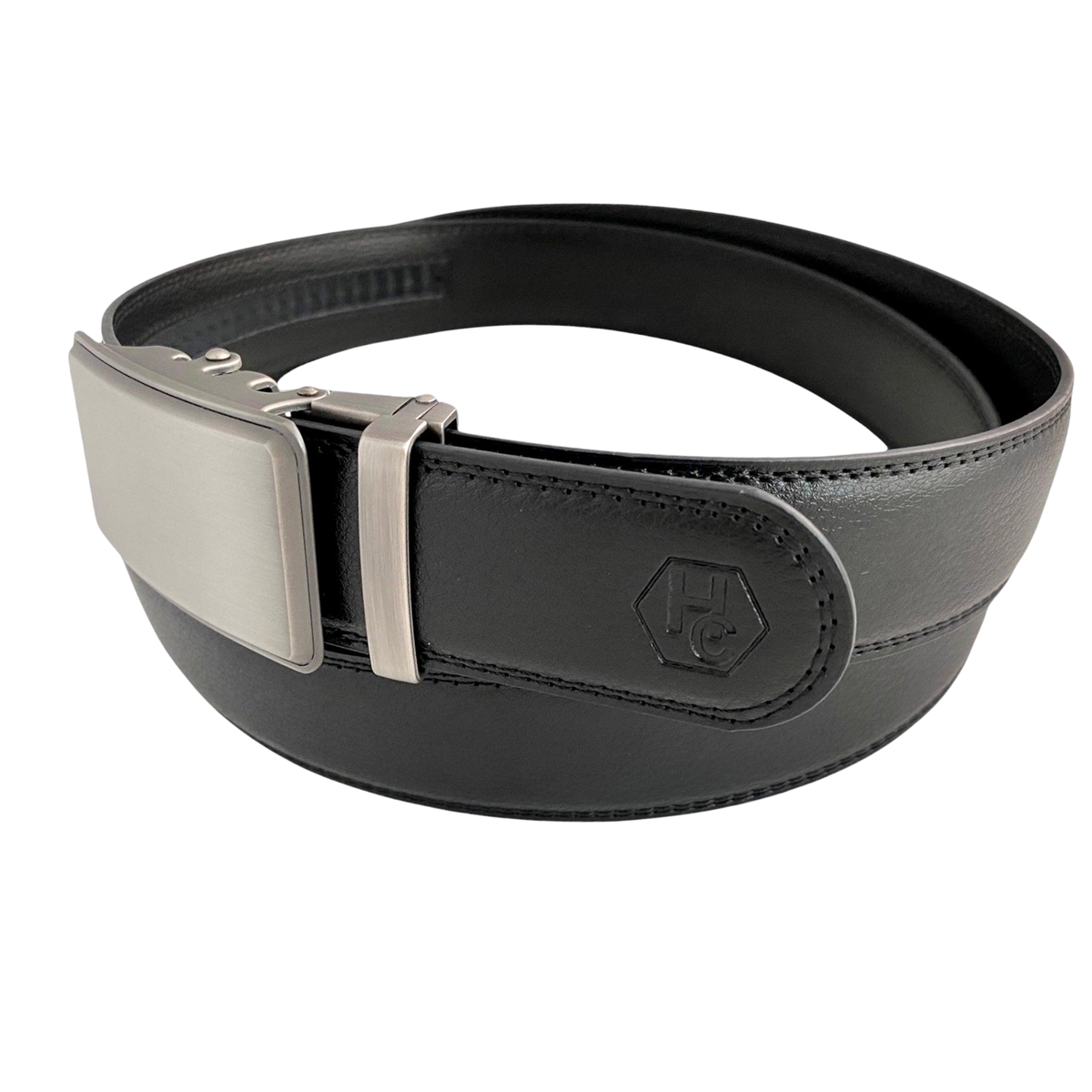 Black leather ratchet belt with silver buckle, buckle detail close-up