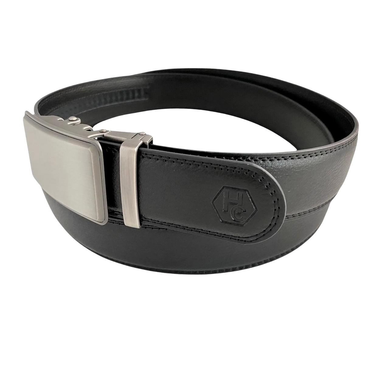 Black leather ratchet belt with silver buckle, buckle detail close-up