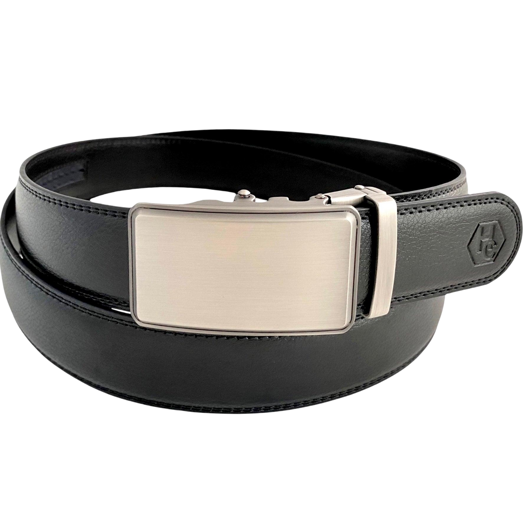 Black leather ratchet belt with silver buckle, front view