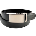 Black leather ratchet belt with silver buckle, front view