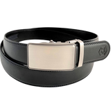 Black leather ratchet belt with silver buckle, front view