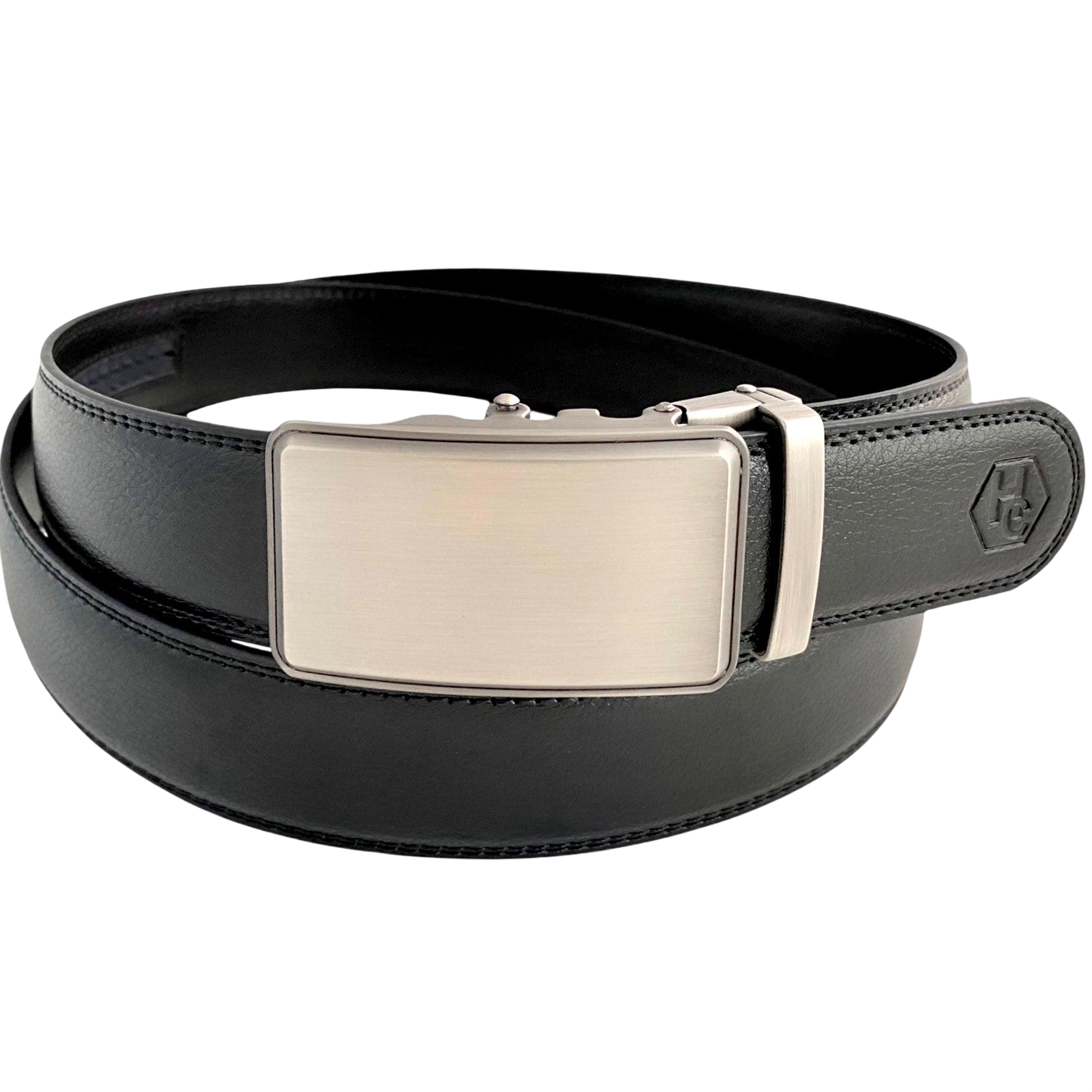 Black leather ratchet belt with silver buckle, front view
