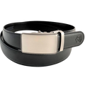 Black leather ratchet belt with silver buckle, front view