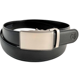 Black leather ratchet belt with silver buckle, front view