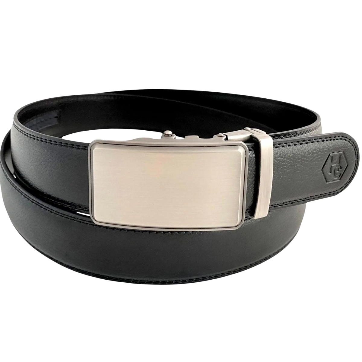 Black leather ratchet belt with silver buckle, front view