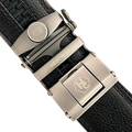 Black leather ratchet belt with silver buckle, hardware close-up