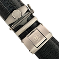 Black leather ratchet belt with silver buckle, hardware close-up