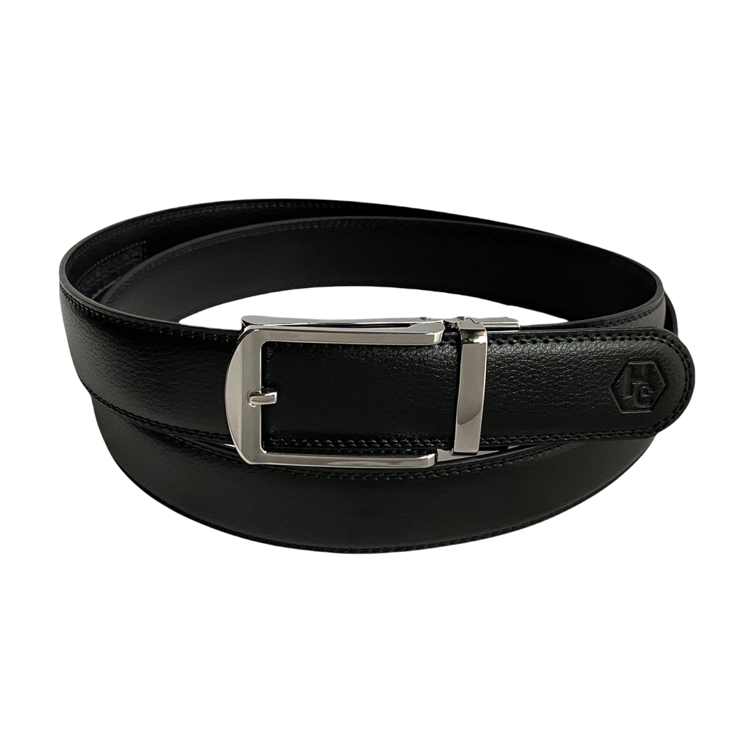 Black leather ratchet belt with silver hollow frame buckle, close-up detail
