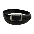 Black leather ratchet belt with silver hollow frame buckle, close-up detail