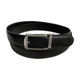 Black leather ratchet belt with silver hollow frame buckle, close-up detail