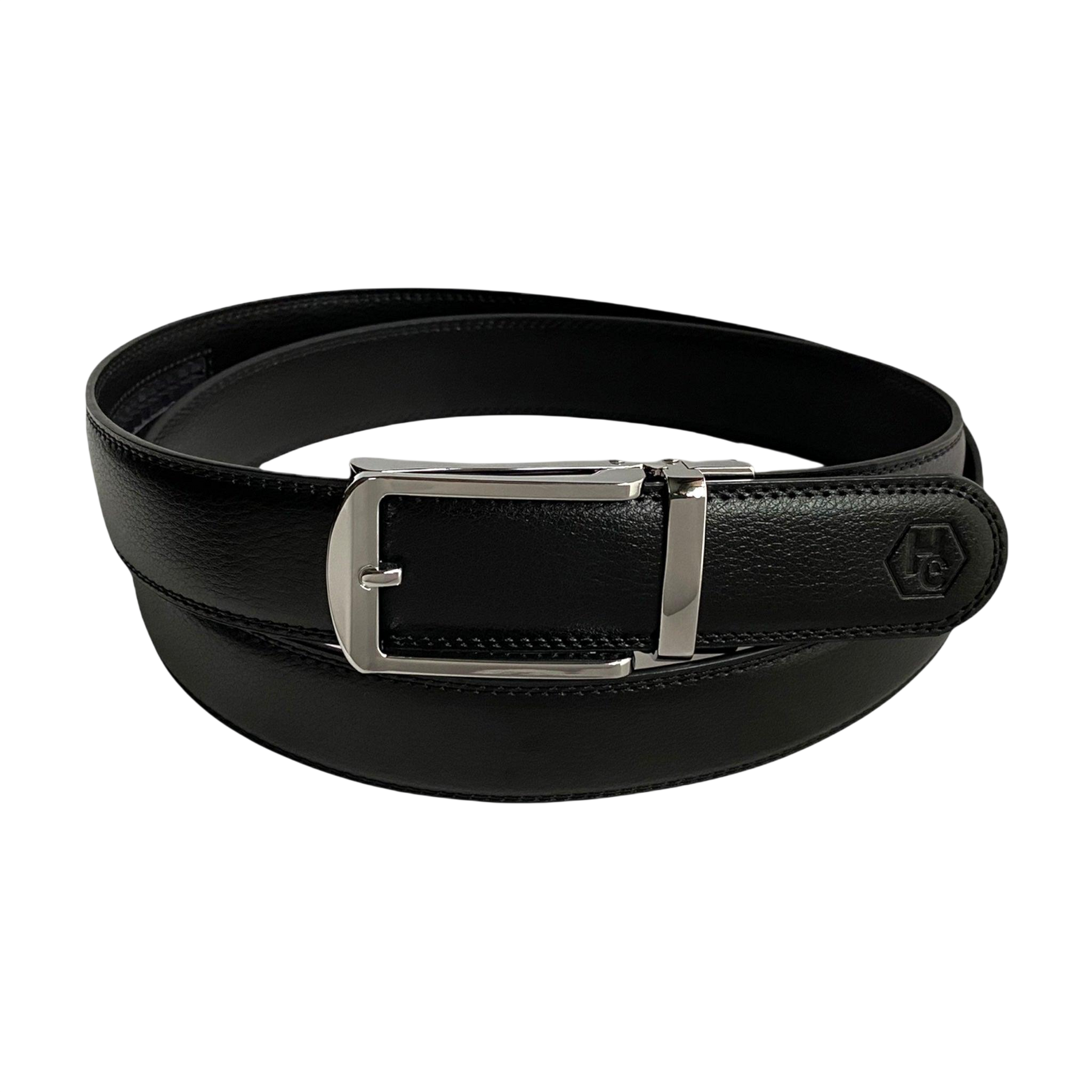 Black leather ratchet belt with silver hollow frame buckle, close-up detail