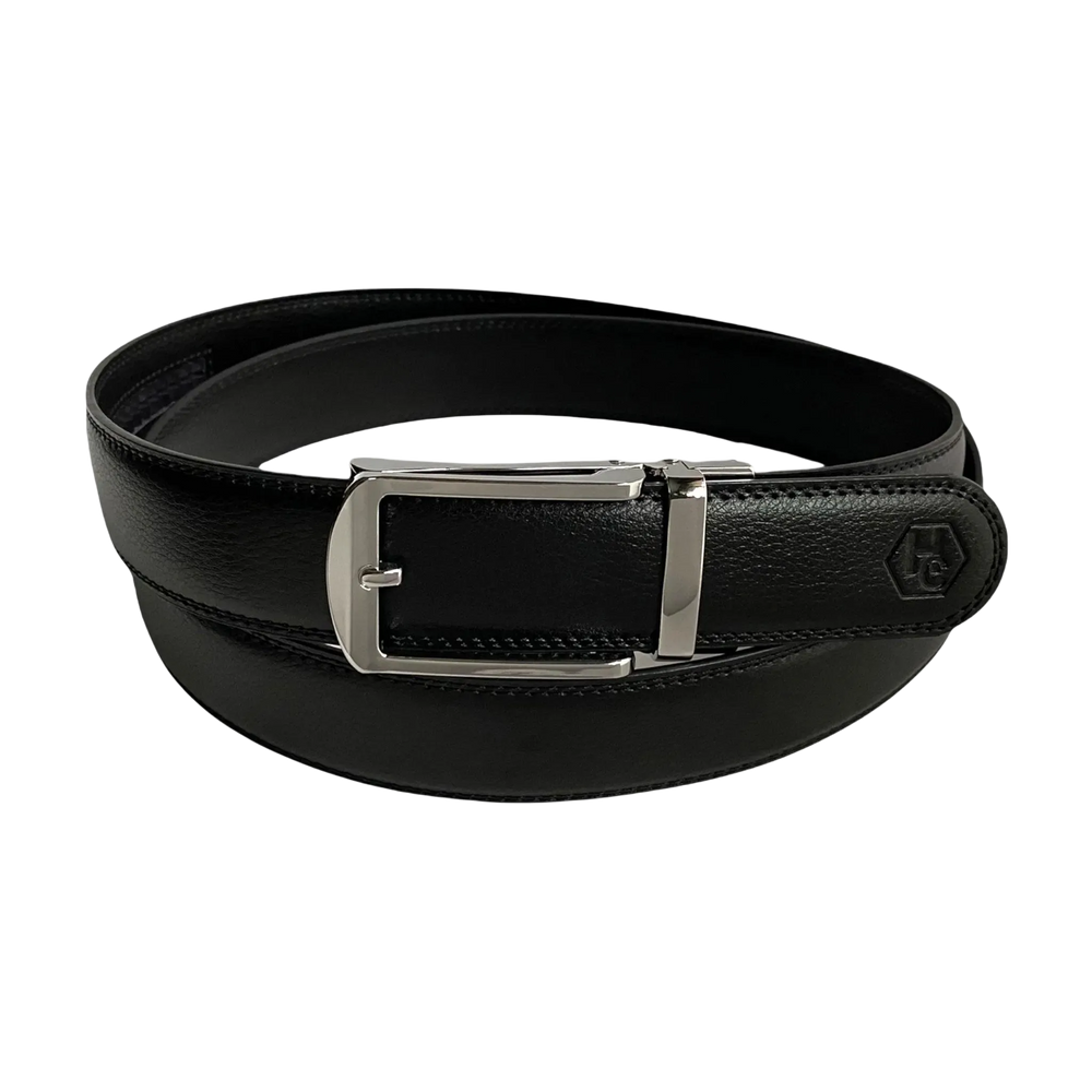 Black leather ratchet belt with silver hollow frame buckle, close-up detail