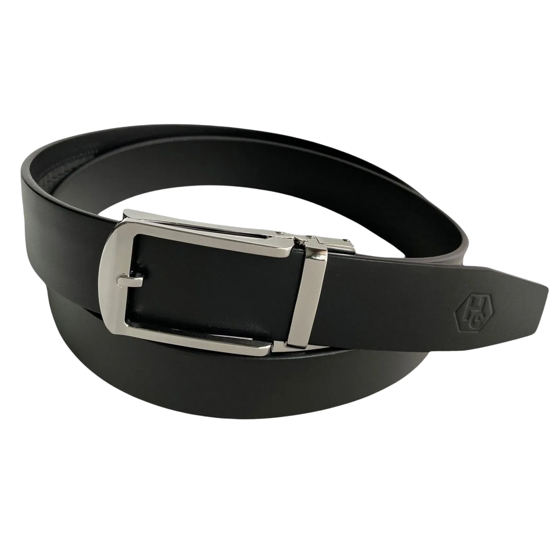 Black leather ratchet belt with silver hollow buckle, front view