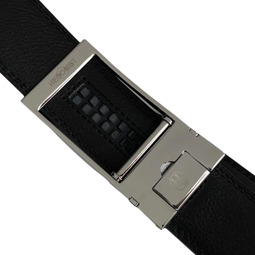 Black leather ratchet belt with silver hollow frame buckle, front and back view