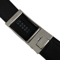 Black leather ratchet belt with silver hollow frame buckle, front and back view