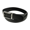 Black leather ratchet belt with silver hollow frame buckle, side view