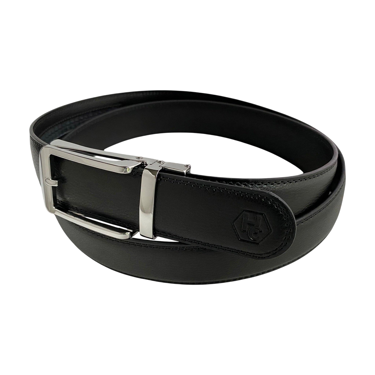 Black leather ratchet belt with silver hollow frame buckle, side view