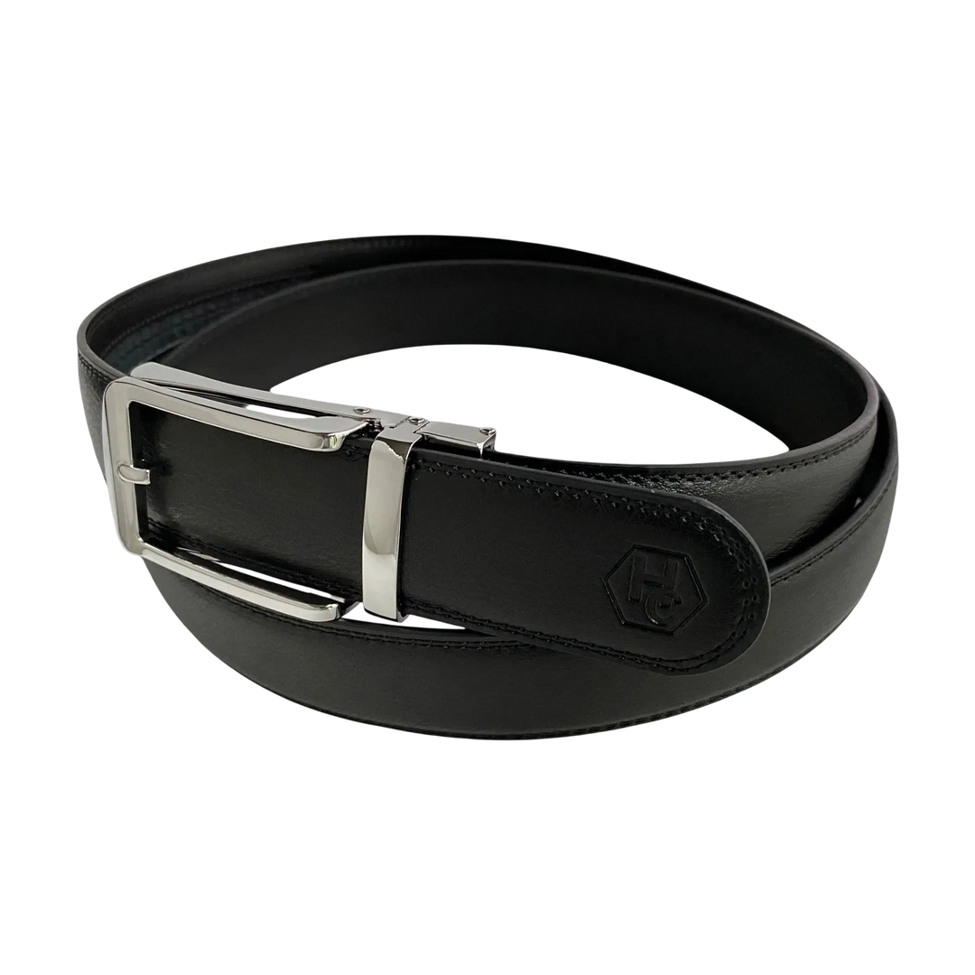 Black leather ratchet belt with silver hollow frame buckle, side view