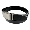 Black leather ratchet belt with brushed silver plate buckle, buckle detail close-up