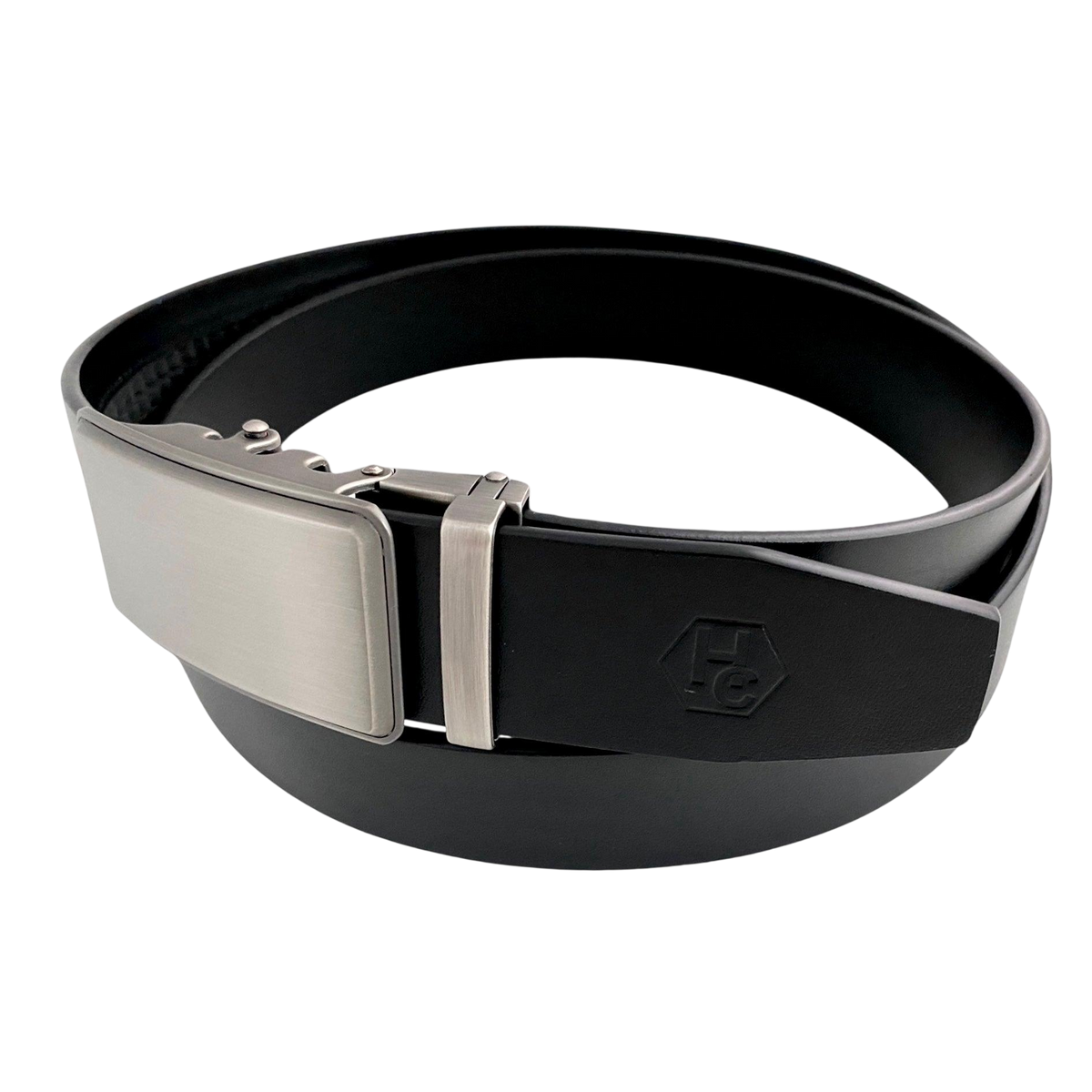 Black leather ratchet belt with brushed silver plate buckle, buckle detail close-up