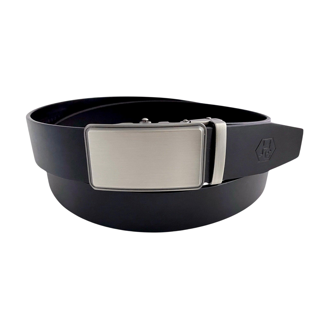 Black leather ratchet belt with brushed silver plate buckle, front view
