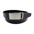 Black leather ratchet belt with brushed silver plate buckle, front view