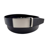 Black leather ratchet belt with brushed silver plate buckle, front view