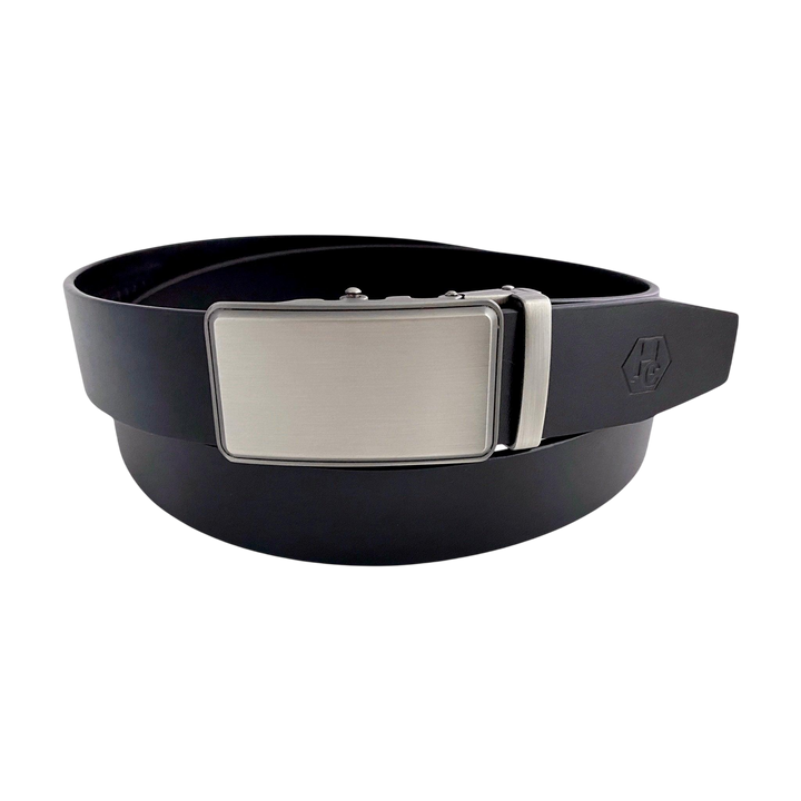 Black leather ratchet belt with brushed silver plate buckle, front view