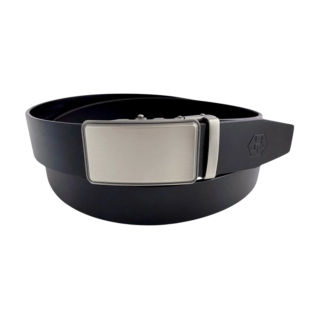 Black leather ratchet belt with brushed silver plate buckle, front view