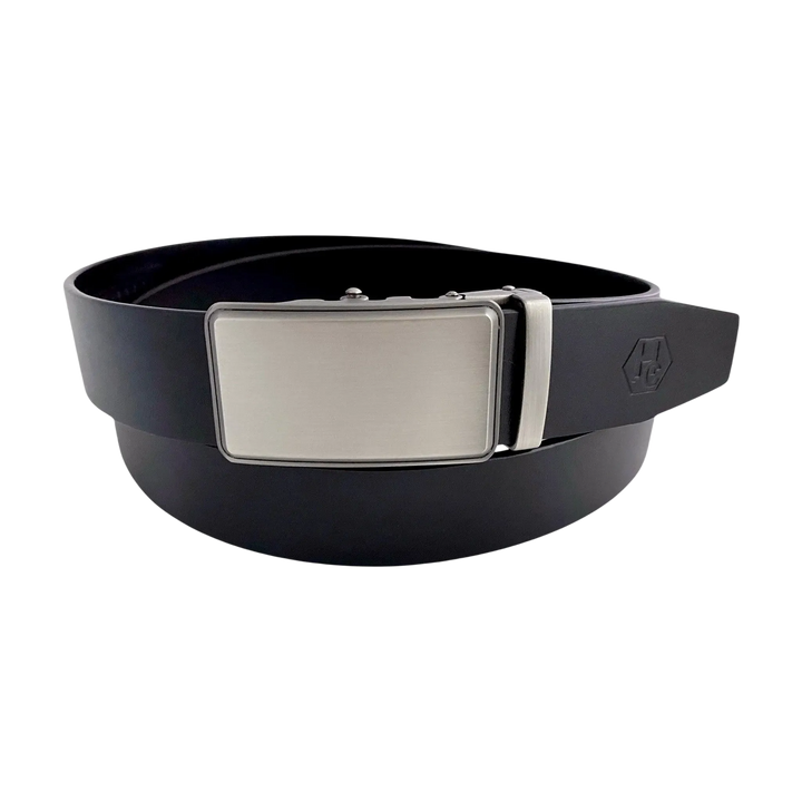 Black leather ratchet belt with brushed silver plate buckle, front view