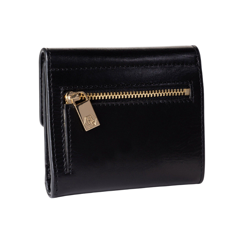 Small black leather snap wallet for women, coin pocket detail