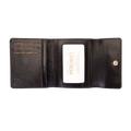 Small black leather snap wallet for women, ID window detail