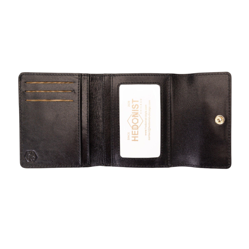 Small black leather snap wallet for women, ID window detail