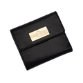 Small black leather snap wallet for women, snap closure detail