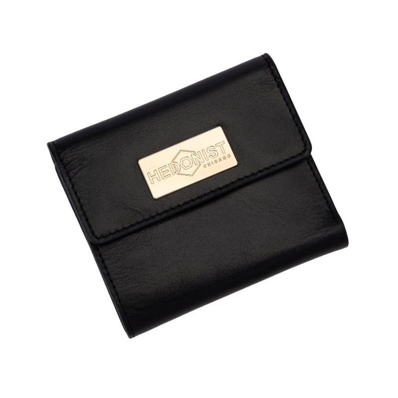 Small black leather snap wallet for women, snap closure detail