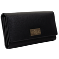 Black leather trifold wallet for women closed, gold-tone Hedonist Chicago plaque on front