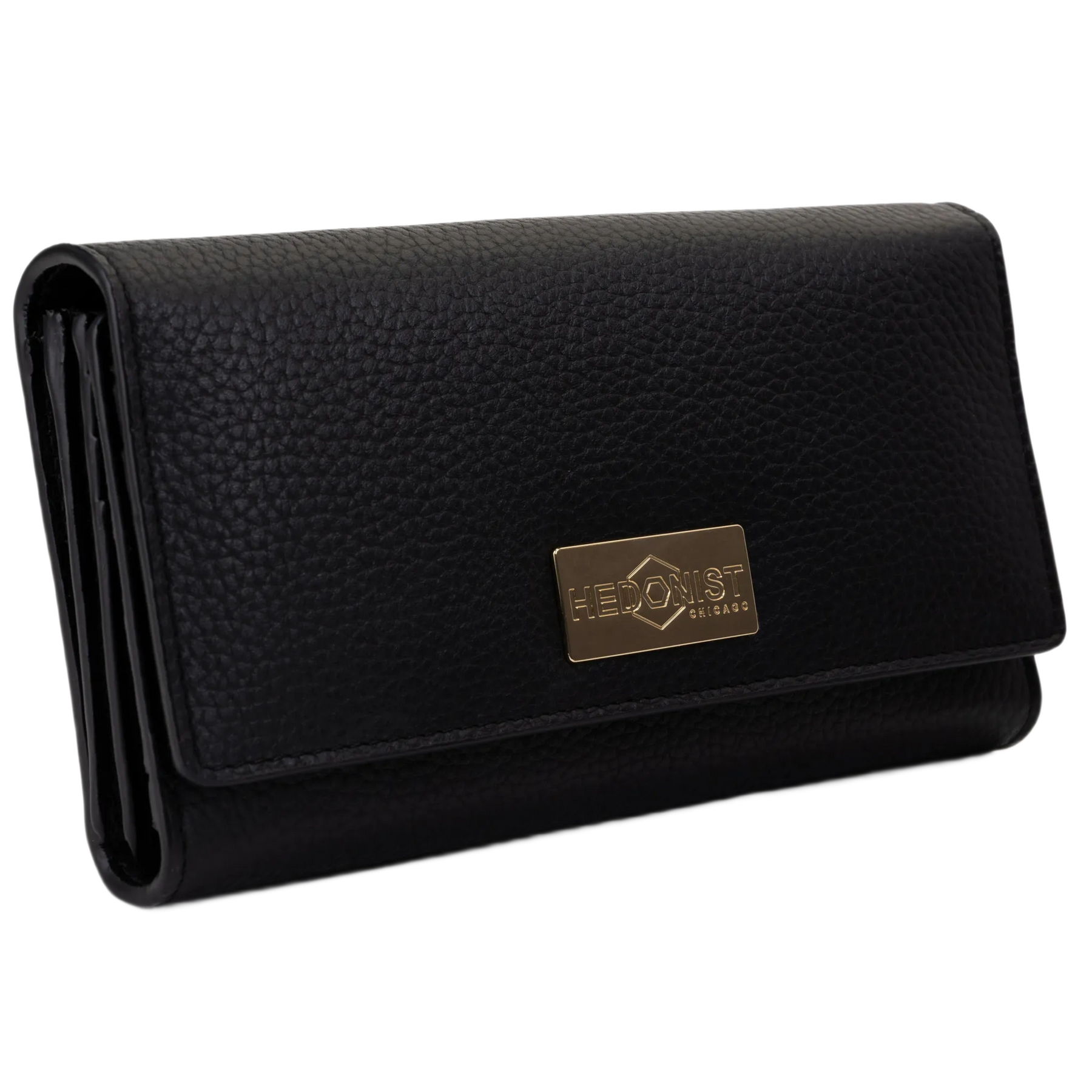 Black leather trifold wallet for women closed, gold-tone Hedonist Chicago plaque on front
