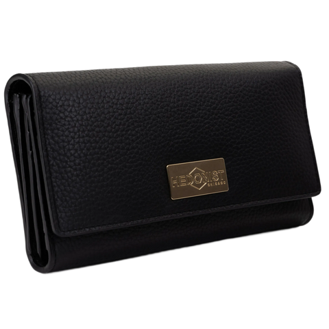 Black leather trifold wallet for women closed, gold-tone Hedonist Chicago plaque on front