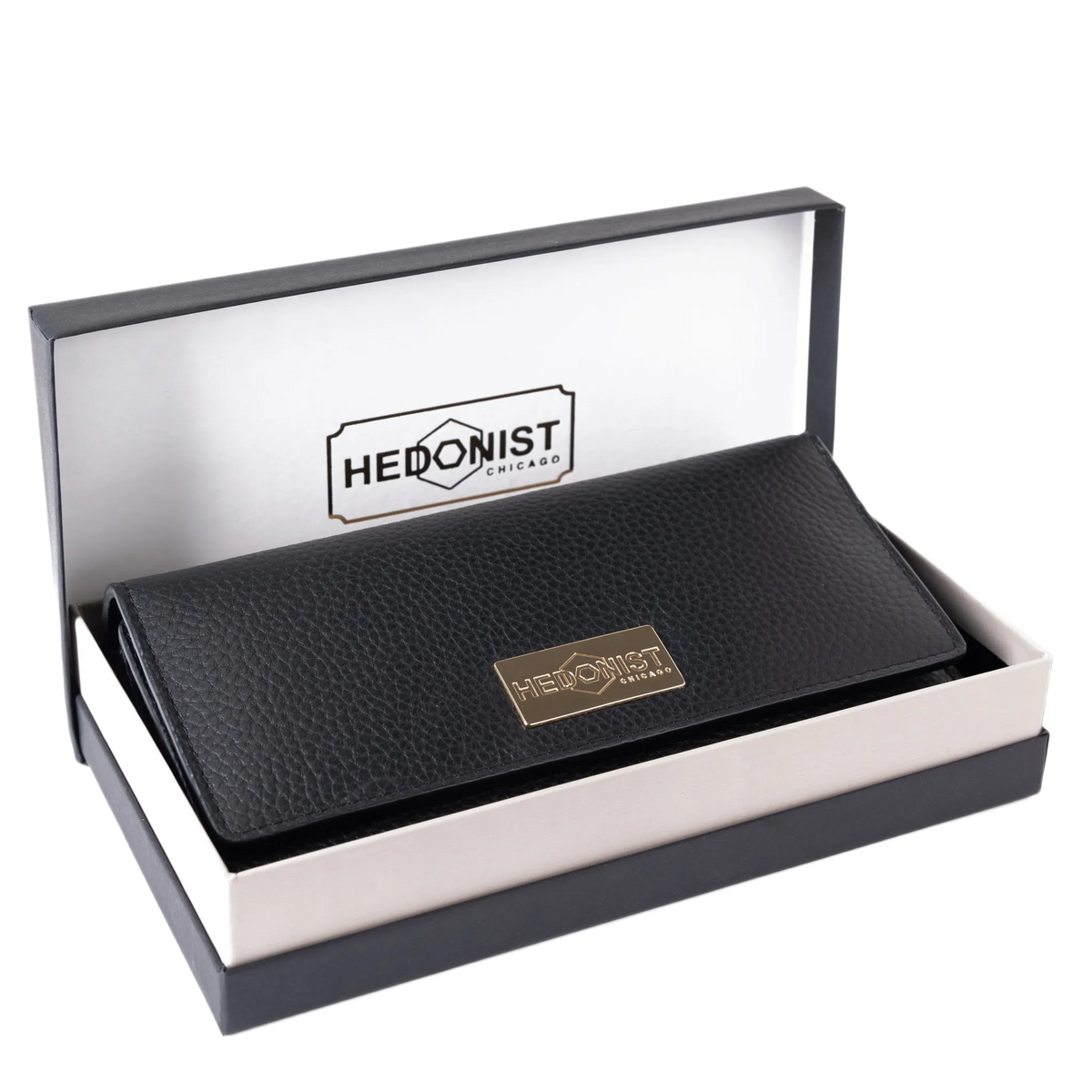 Black leather trifold wallet presented in Hedonist Chicago branded gift box