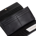 Black leather trifold wallet open showing interior compartments and embossed logo on inside flap