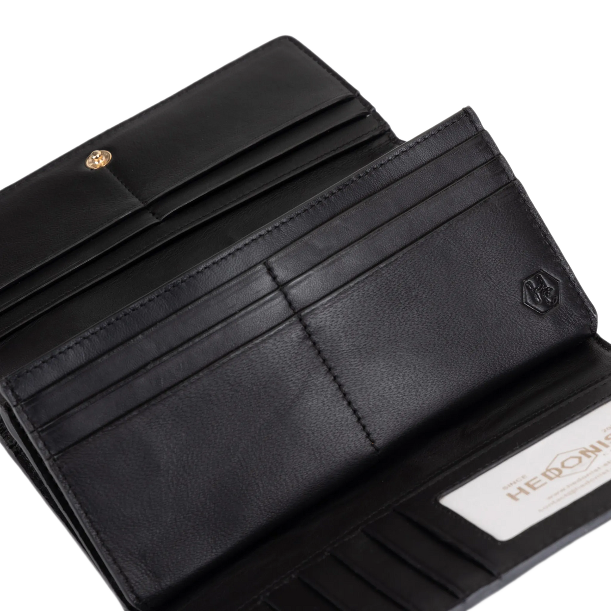 Black leather trifold wallet open showing interior compartments and embossed logo on inside flap