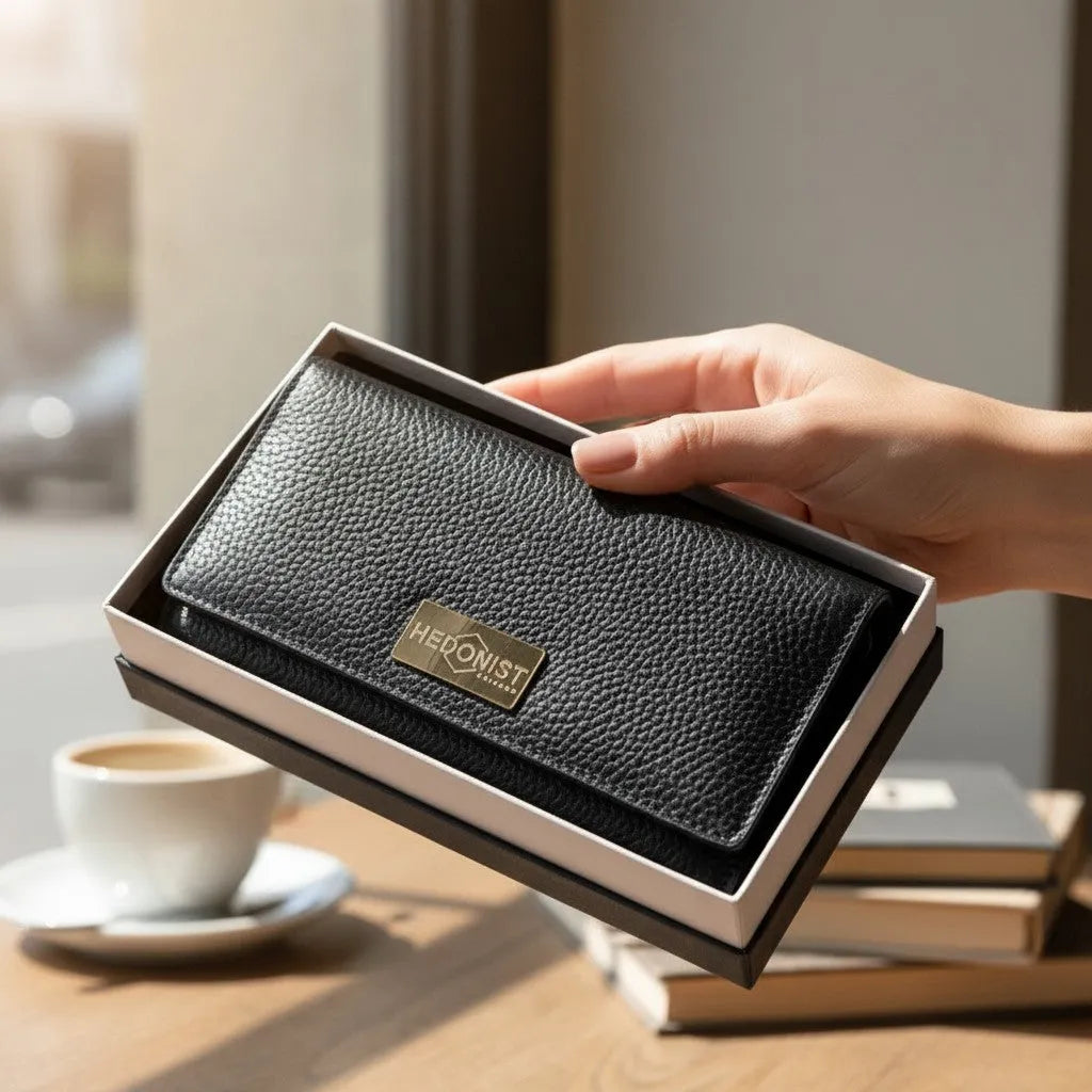 Woman holding the black leather trifold wallet, coffee cup on a wooden surface