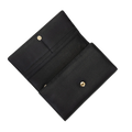 Black leather trifold wallet open showing card slots and gold-tone snap hardware