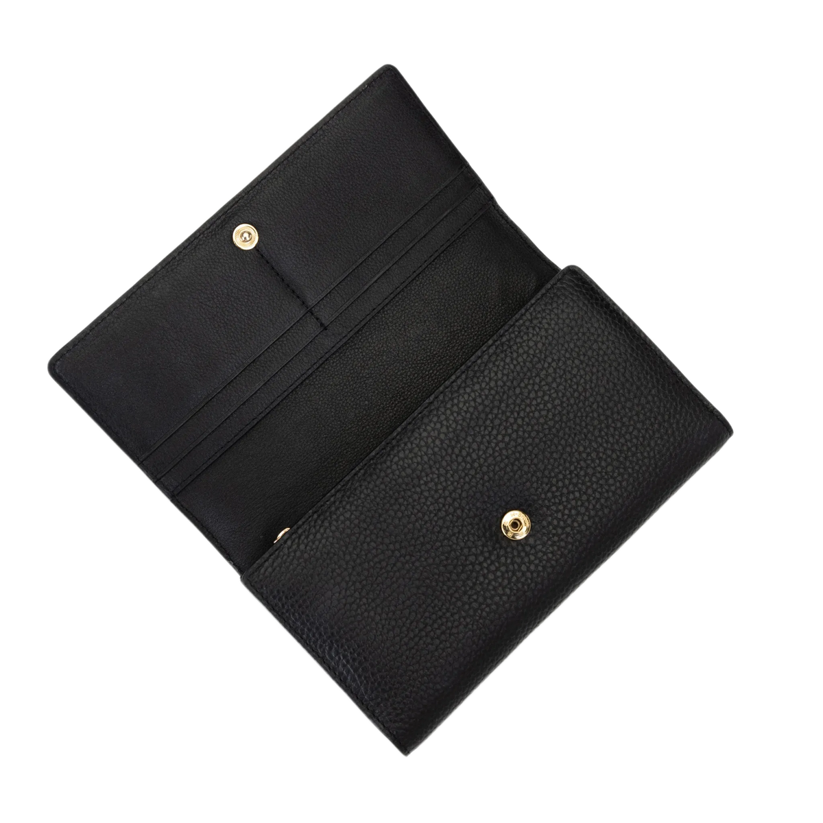 Black leather trifold wallet open showing card slots and gold-tone snap hardware