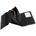 Black leather trifold wallet open on white background, card slots and ID window visible